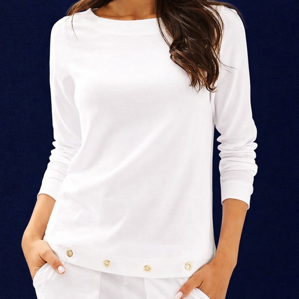 Lilly Pulitzer Jojo Boatneck Pullover Size XS Resort White Gold Grommet Hem Top
